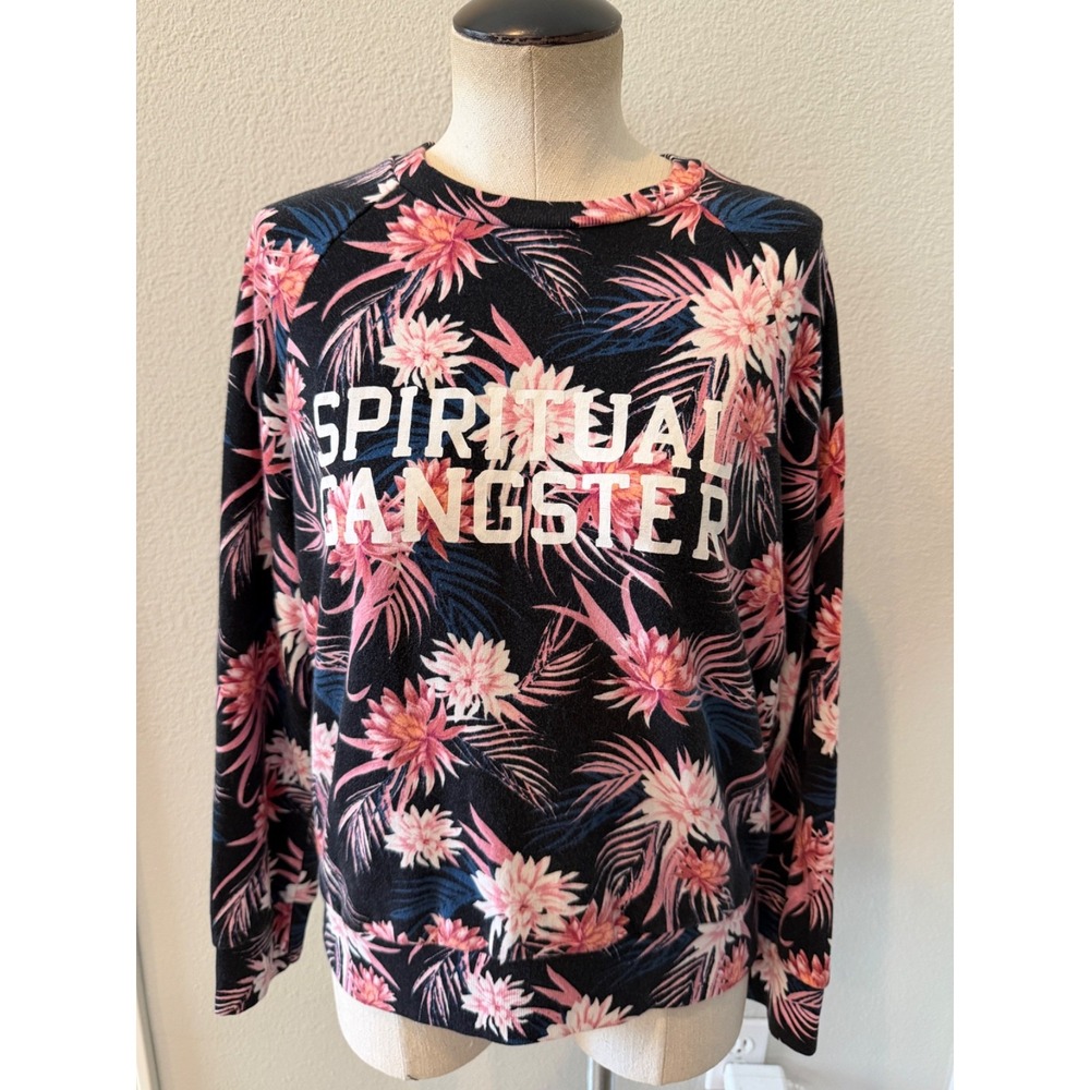 Spiritual Gangster Womens M Floral Sweatshirt Black Pink Crewneck Made USA
